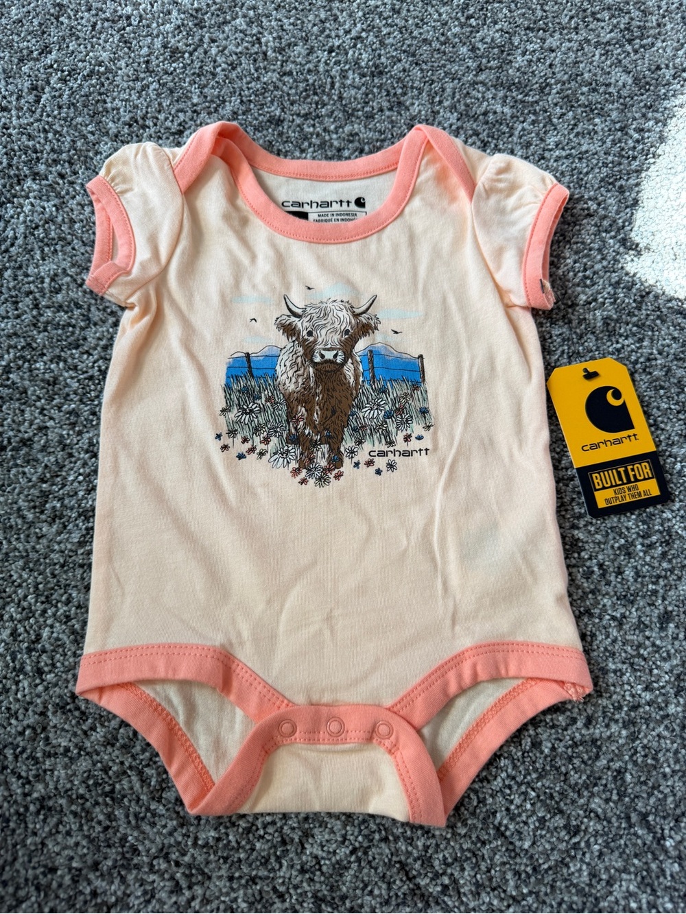 Carhartt baby bodysuit with graphic of a Highland cow - size 3m